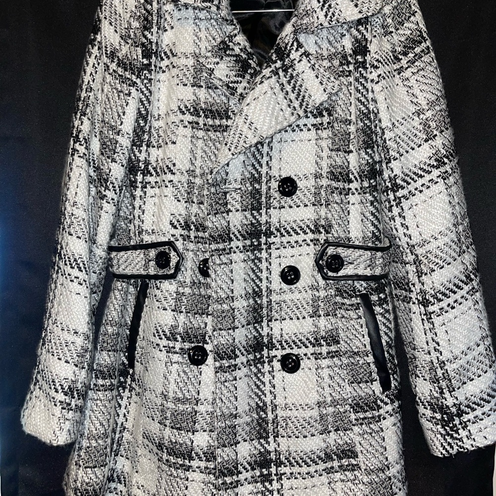 by & by Black and White Pea Coat Double-Breasted Wool Blend